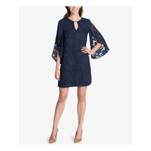 KENSIE Womens Navy Lace Bell Sleeve Keyhole Mini Formal Shift Dress Juniors 10